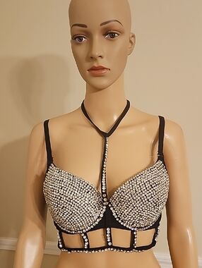 Crystal Embellished Black Bralette with Rhinestone Harness